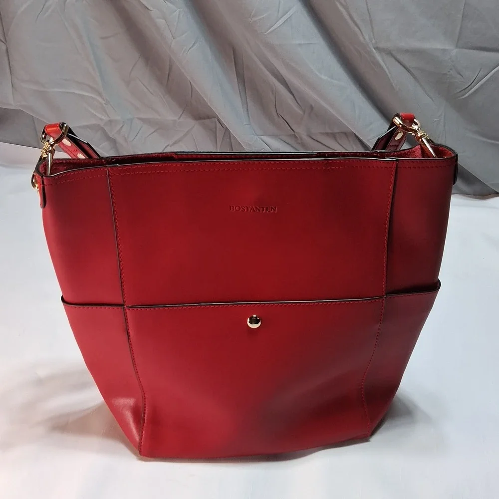 Bostanten Lotty Bright Red Cowhide Leather Hobo Tote Shoulder Bucket Bag +extras